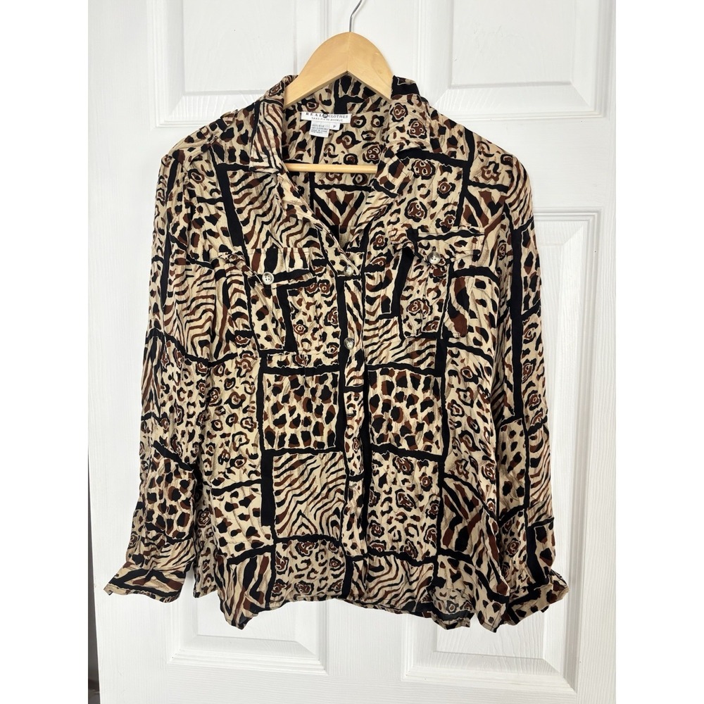 Vintage Real Clothes Silk Saks Fifth Ave Shirt Women's P Button Front Animal Pri